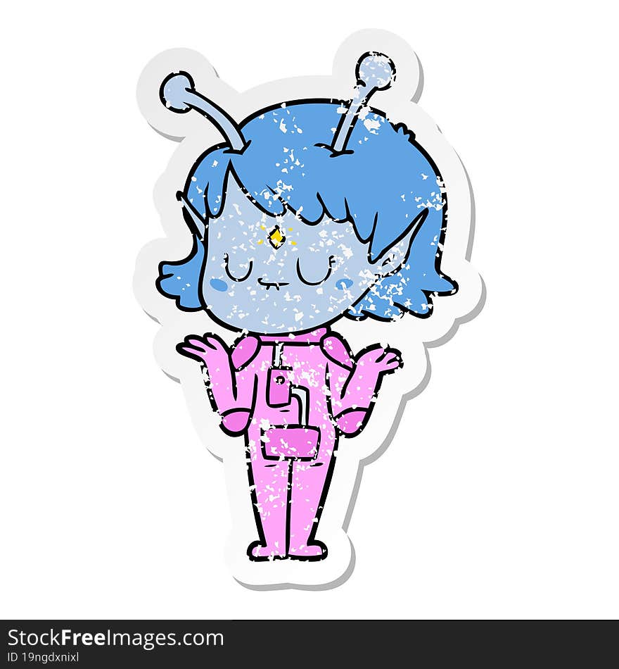 distressed sticker of a cartoon alien girl