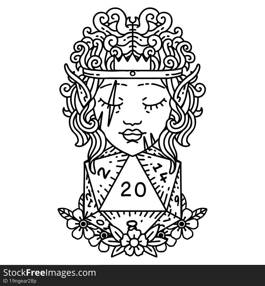 Black and White Tattoo linework Style elf barbarian character with natural 20 dice roll. Black and White Tattoo linework Style elf barbarian character with natural 20 dice roll