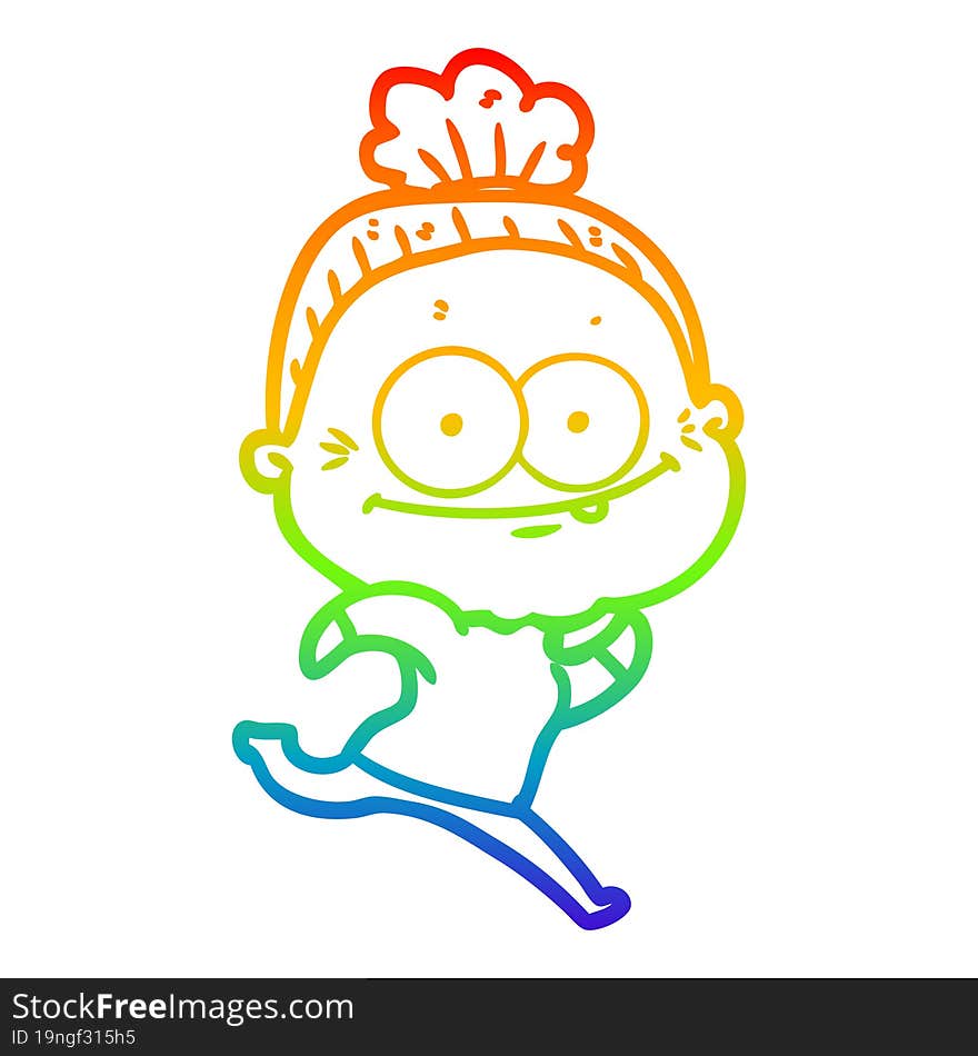 rainbow gradient line drawing of a cartoon happy old woman