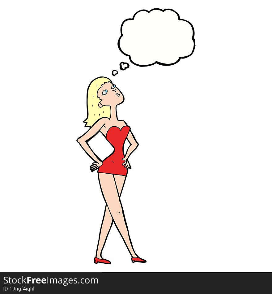 cartoon woman in party dress with thought bubble