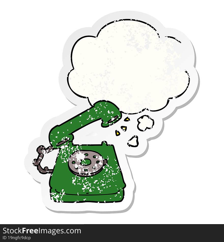 cartoon old telephone and thought bubble as a distressed worn sticker