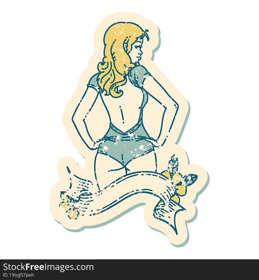 distressed sticker tattoo style icon of a pinup swimsuit girl with banner