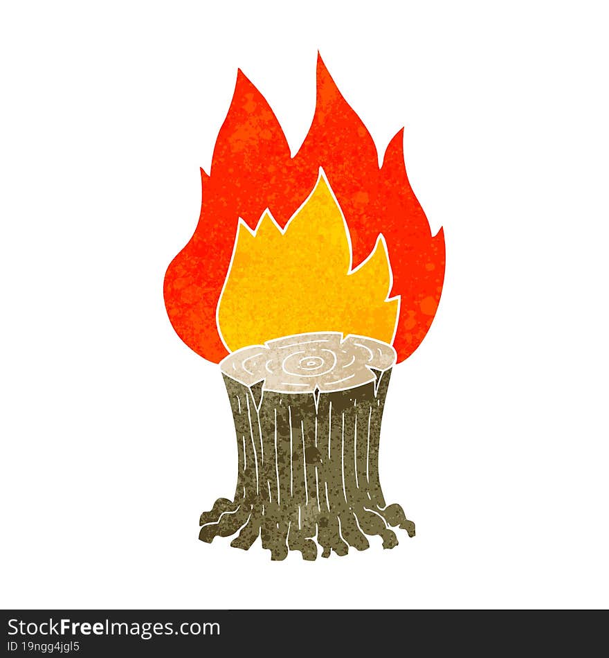 retro cartoon big tree stump on fire