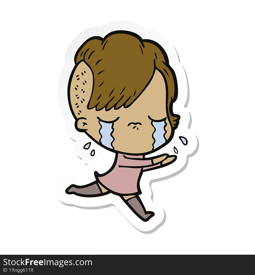 sticker of a cartoon crying girl running away