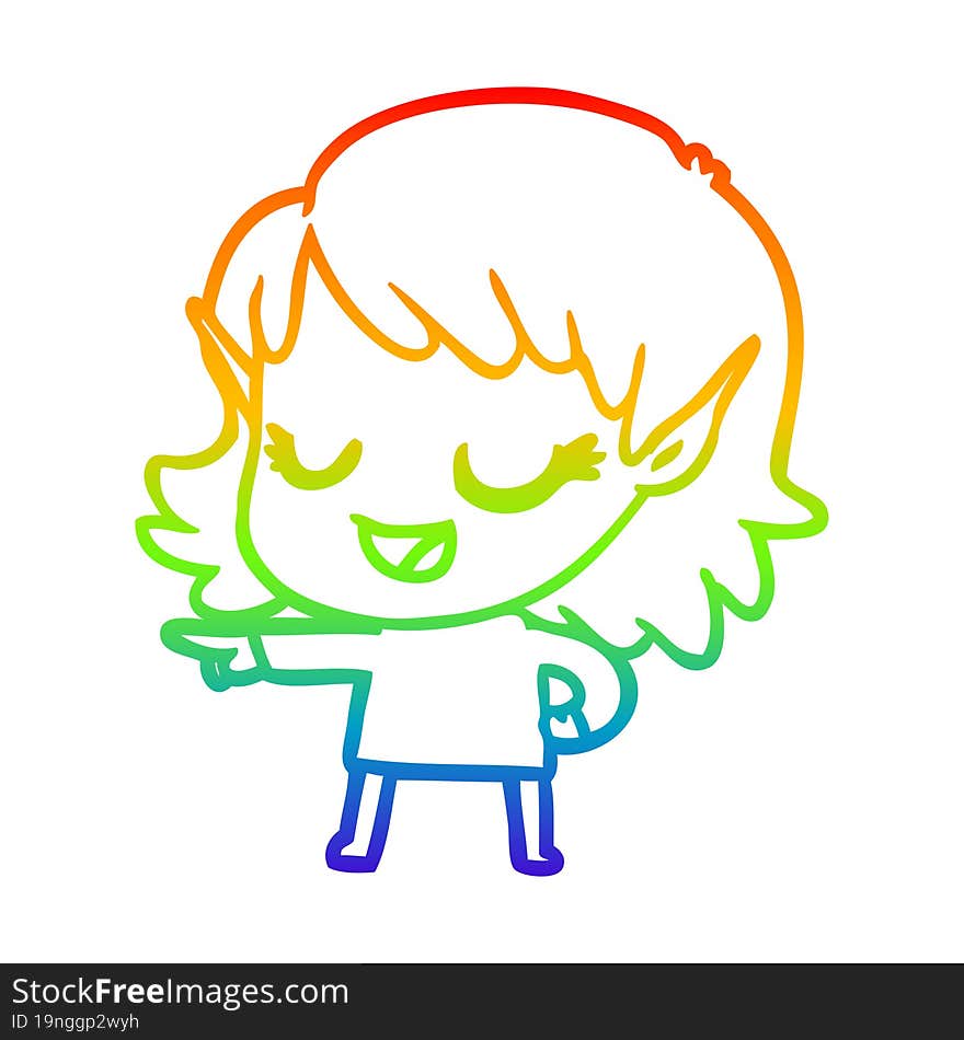 Rainbow Gradient Line Drawing Happy Cartoon Elf Girl Pointing