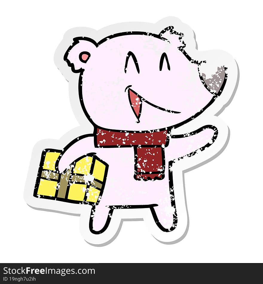 distressed sticker of a laughing christmas bear cartoon