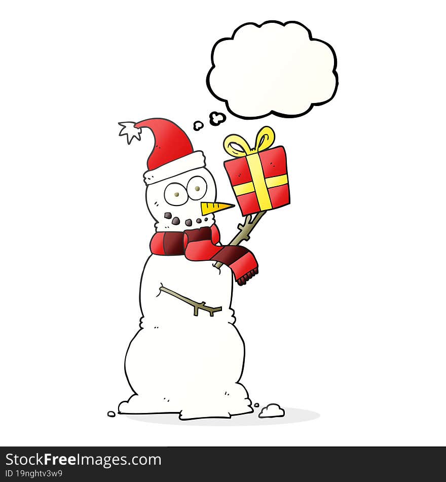 Thought Bubble Cartoon Snowman Holding Present