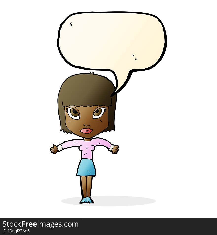 cartoon woman shrugging with speech bubble