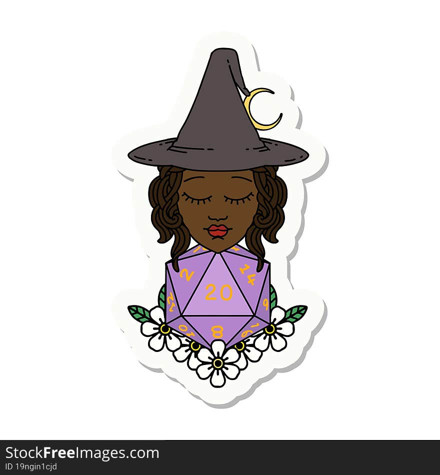 sticker of a human witch with natural twenty dice roll. sticker of a human witch with natural twenty dice roll