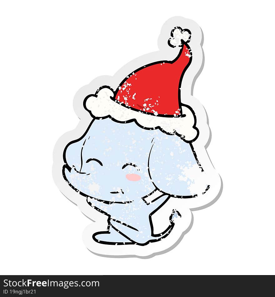 cute distressed sticker cartoon of a elephant wearing santa hat