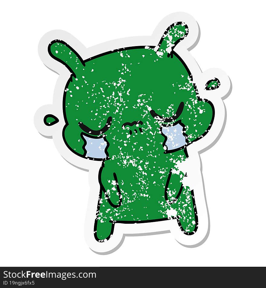 distressed sticker cartoon of cute sad alien