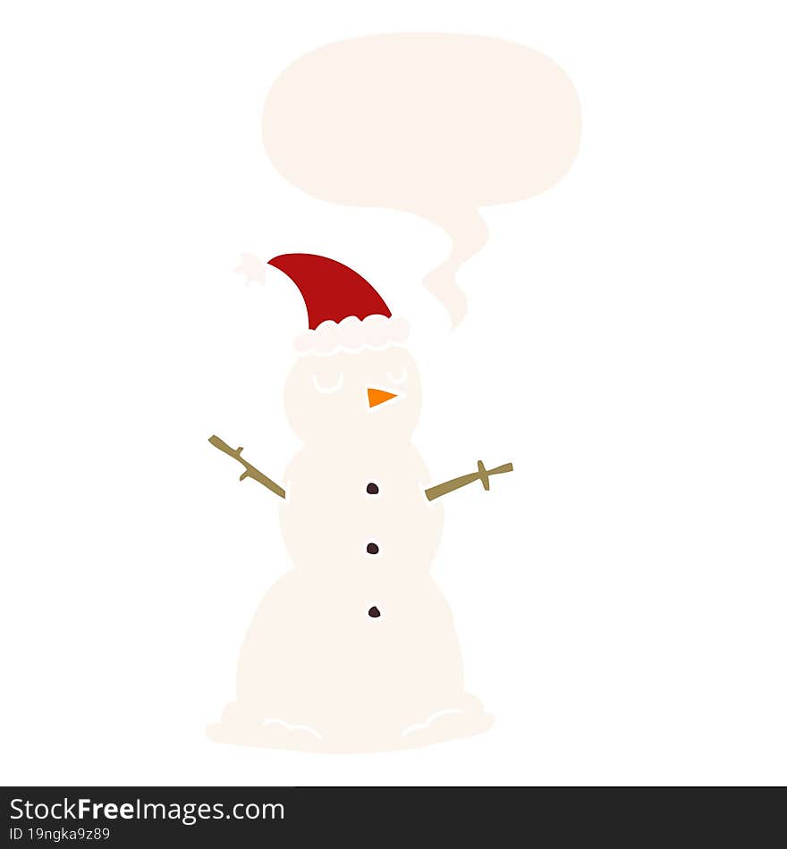 cartoon snowman and speech bubble in retro style