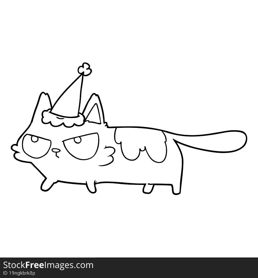 line drawing of a angry cat wearing santa hat