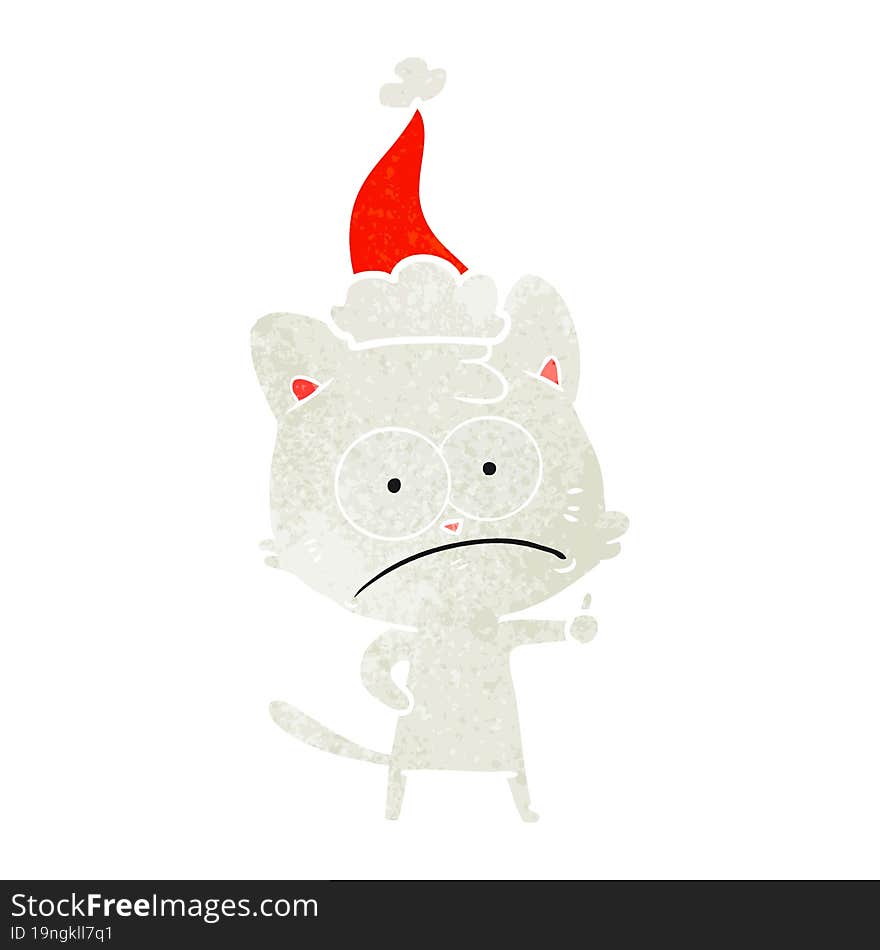 retro cartoon of a nervous cat wearing santa hat