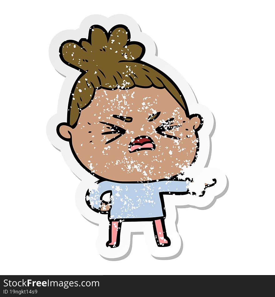 Distressed Sticker Of A Cartoon Angry Woman