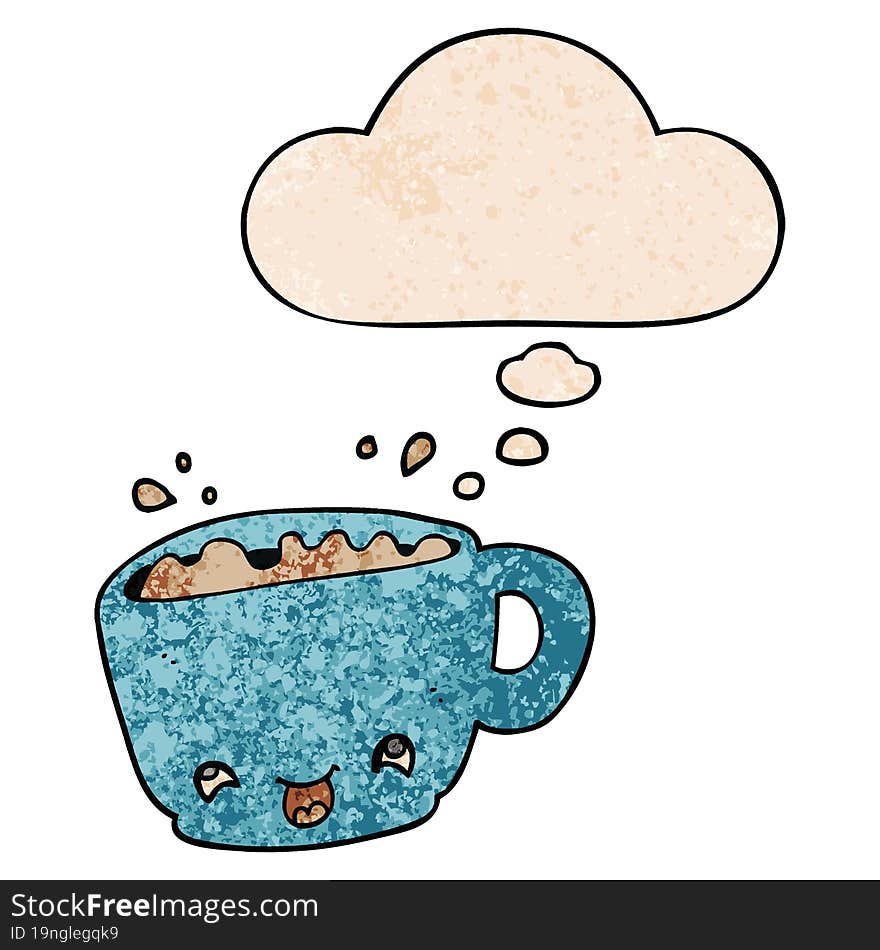 cartoon cup of coffee with thought bubble in grunge texture style. cartoon cup of coffee with thought bubble in grunge texture style