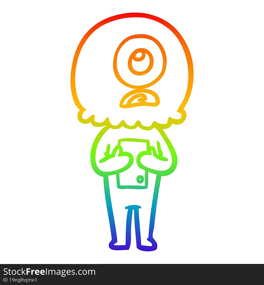 rainbow gradient line drawing of a cartoon cyclops alien spaceman