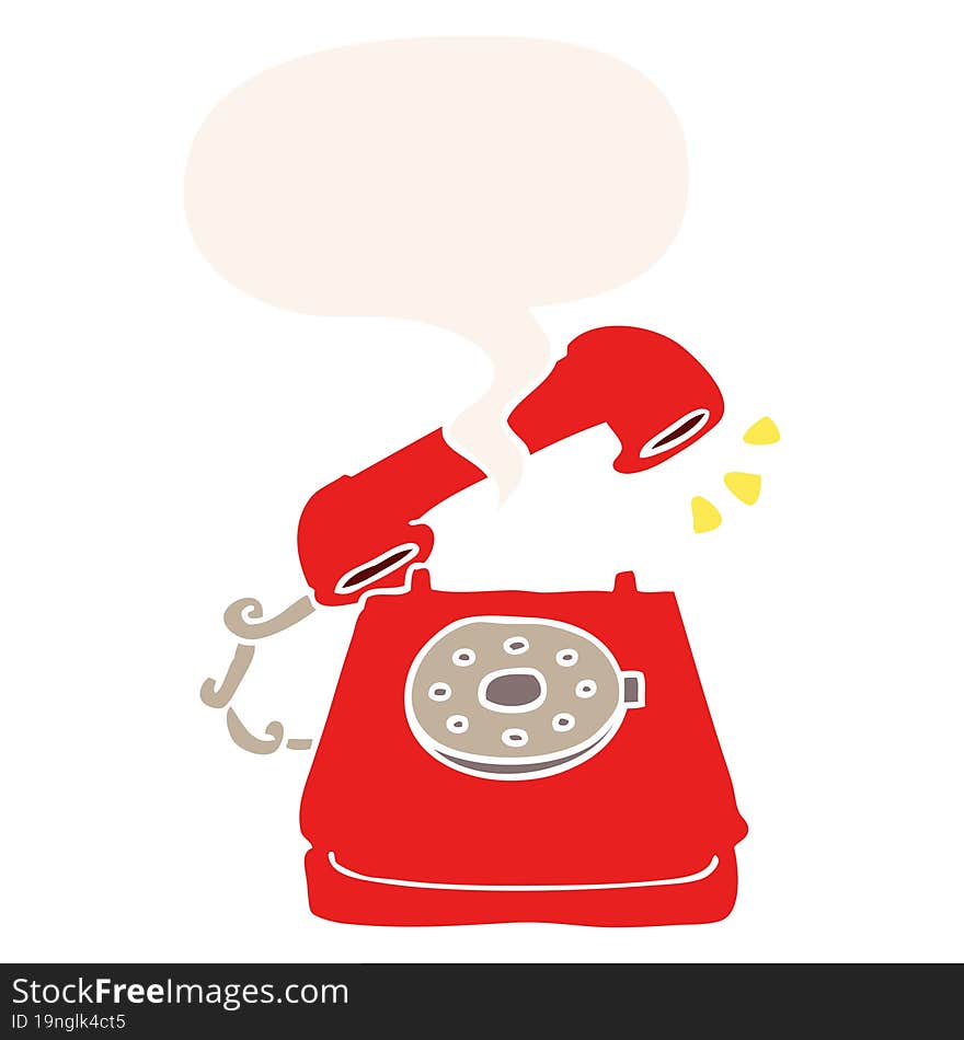 cartoon ringing telephone and speech bubble in retro style