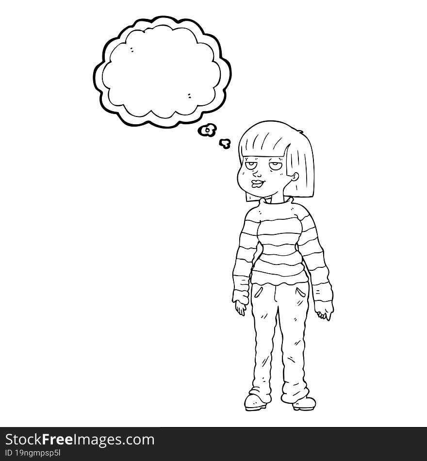 freehand drawn thought bubble cartoon woman in casual clothes