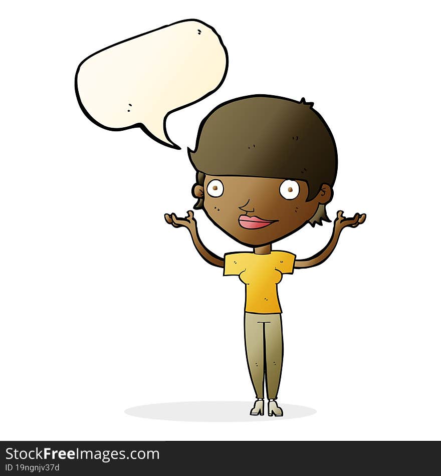 cartoon woman holding arms in air with speech bubble