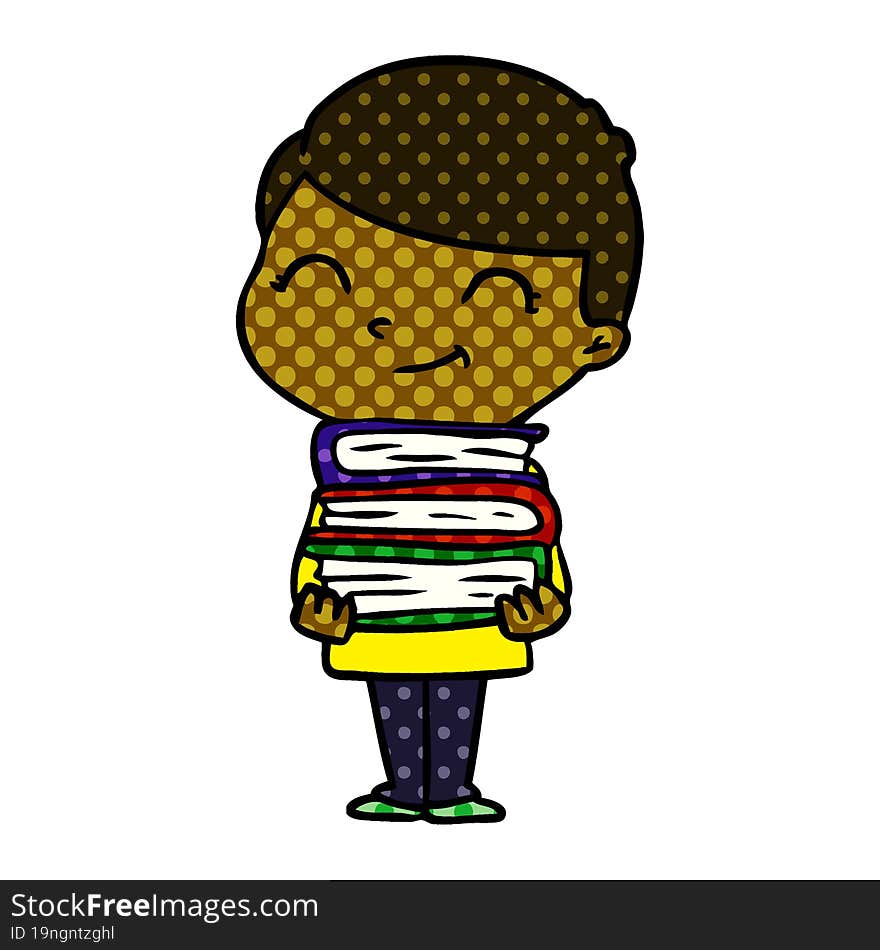 cartoon boy with books smiling. cartoon boy with books smiling