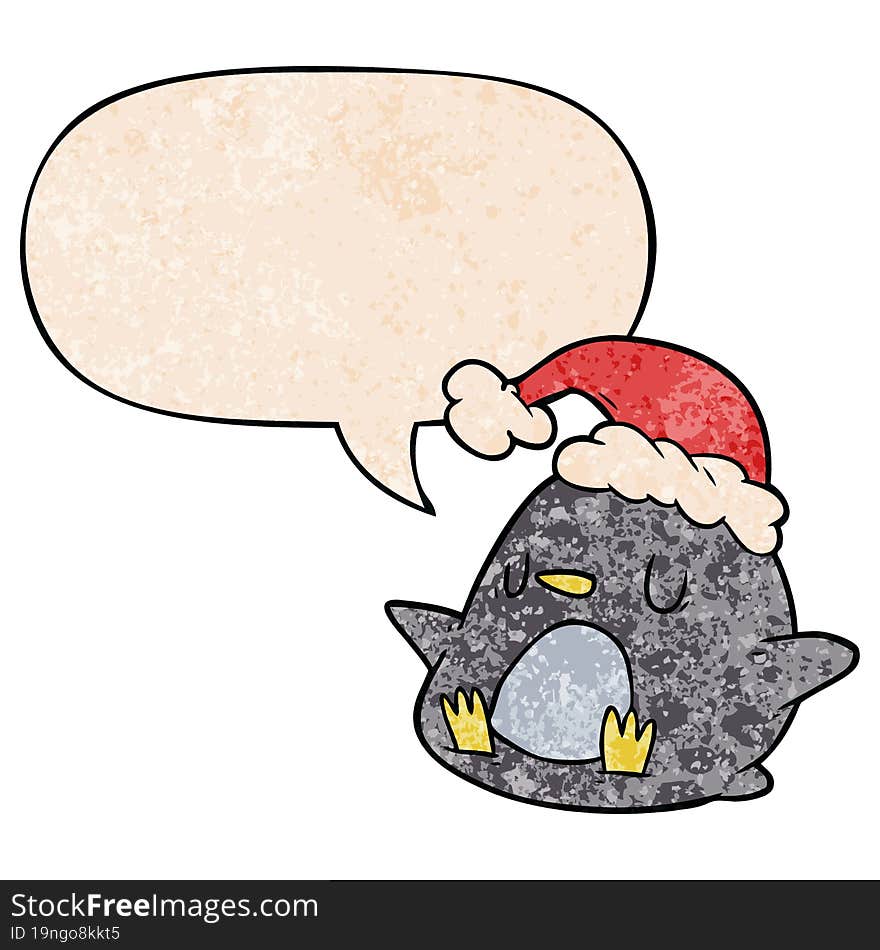 cute cartoon penguin and speech bubble in retro texture style