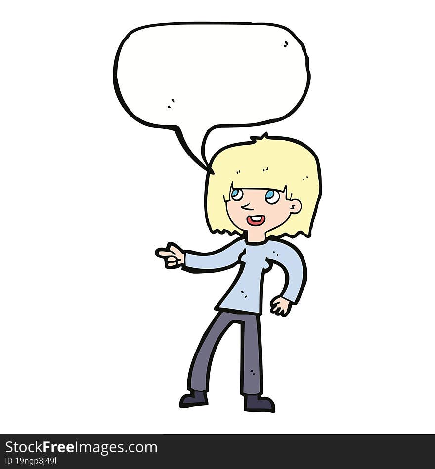 cartoon girl pointing with speech bubble