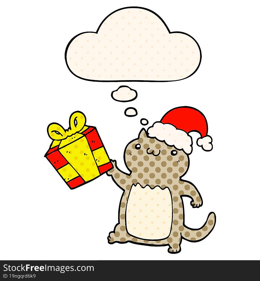 cute cartoon christmas cat with thought bubble in comic book style