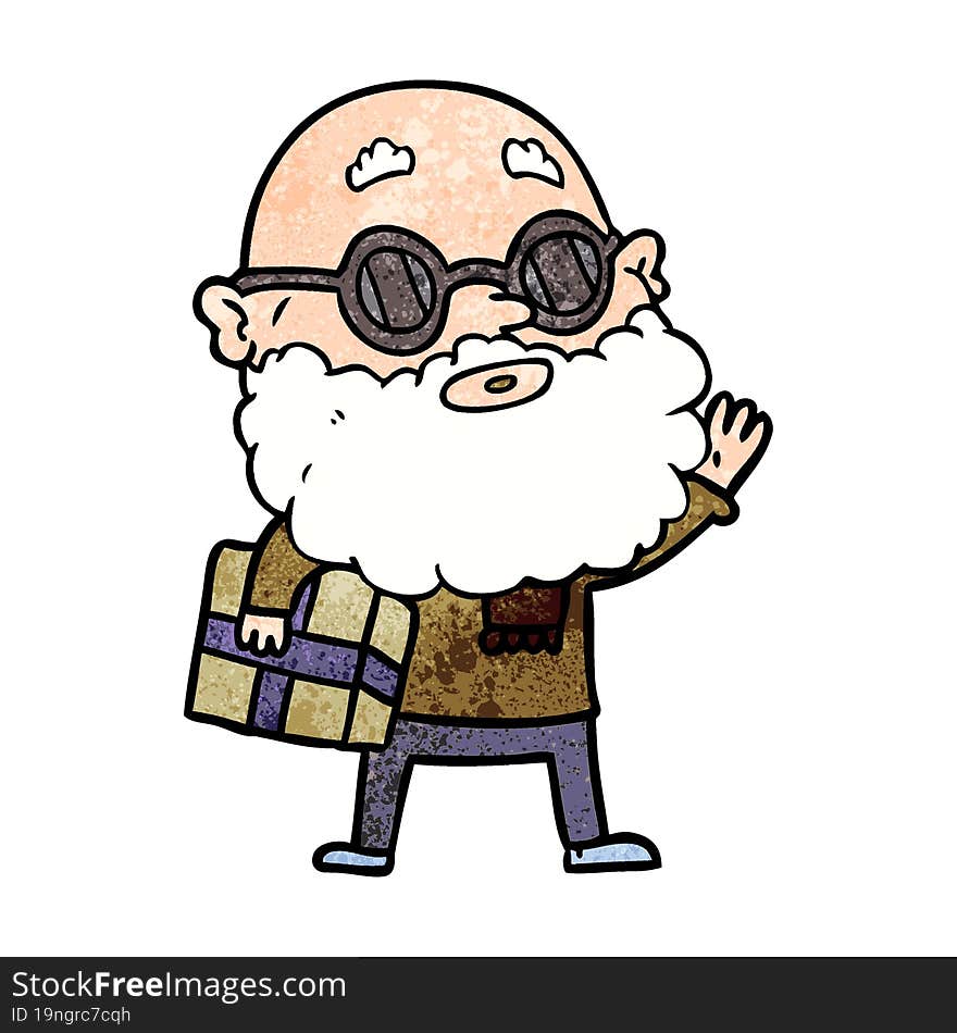 cartoon curious man with beard sunglasses and present. cartoon curious man with beard sunglasses and present