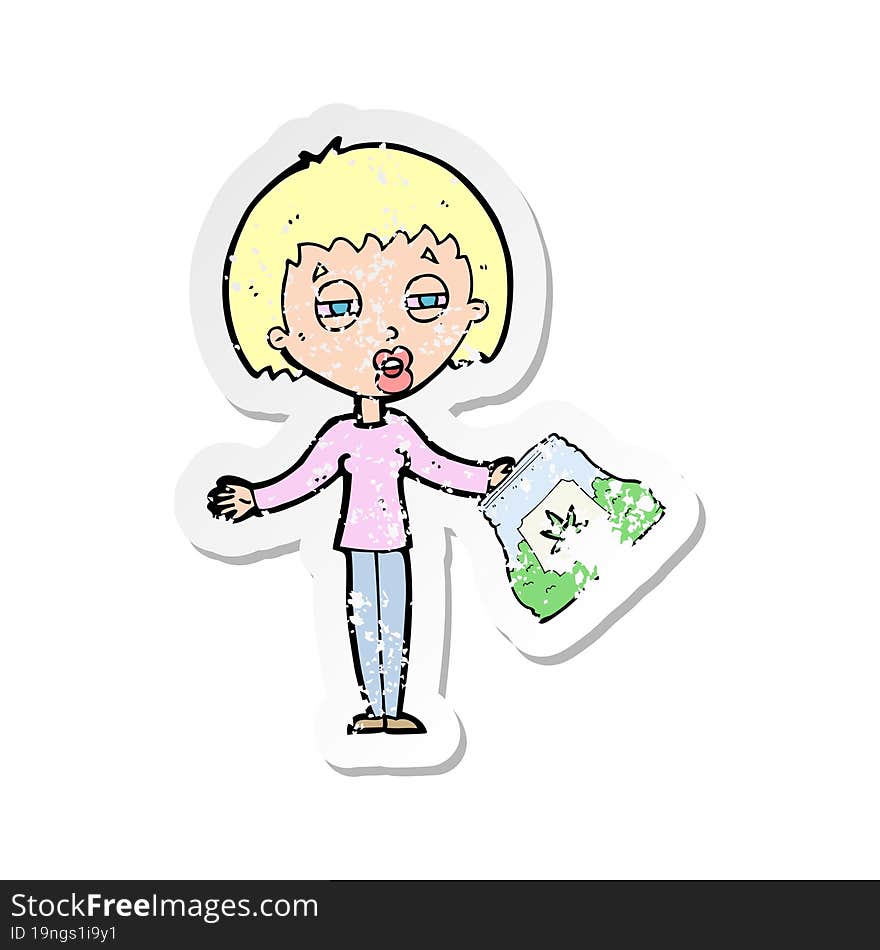 retro distressed sticker of a cartoon woman with bag of weed