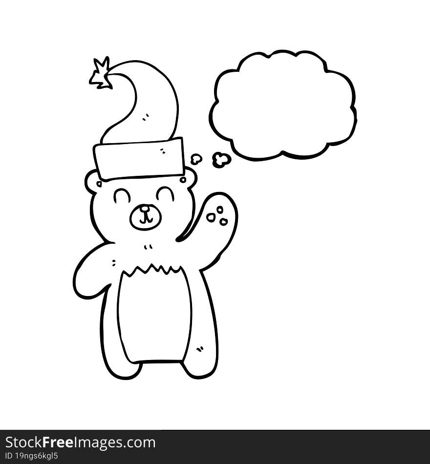 freehand drawing of a thought bubble cartoon teddy bear waving