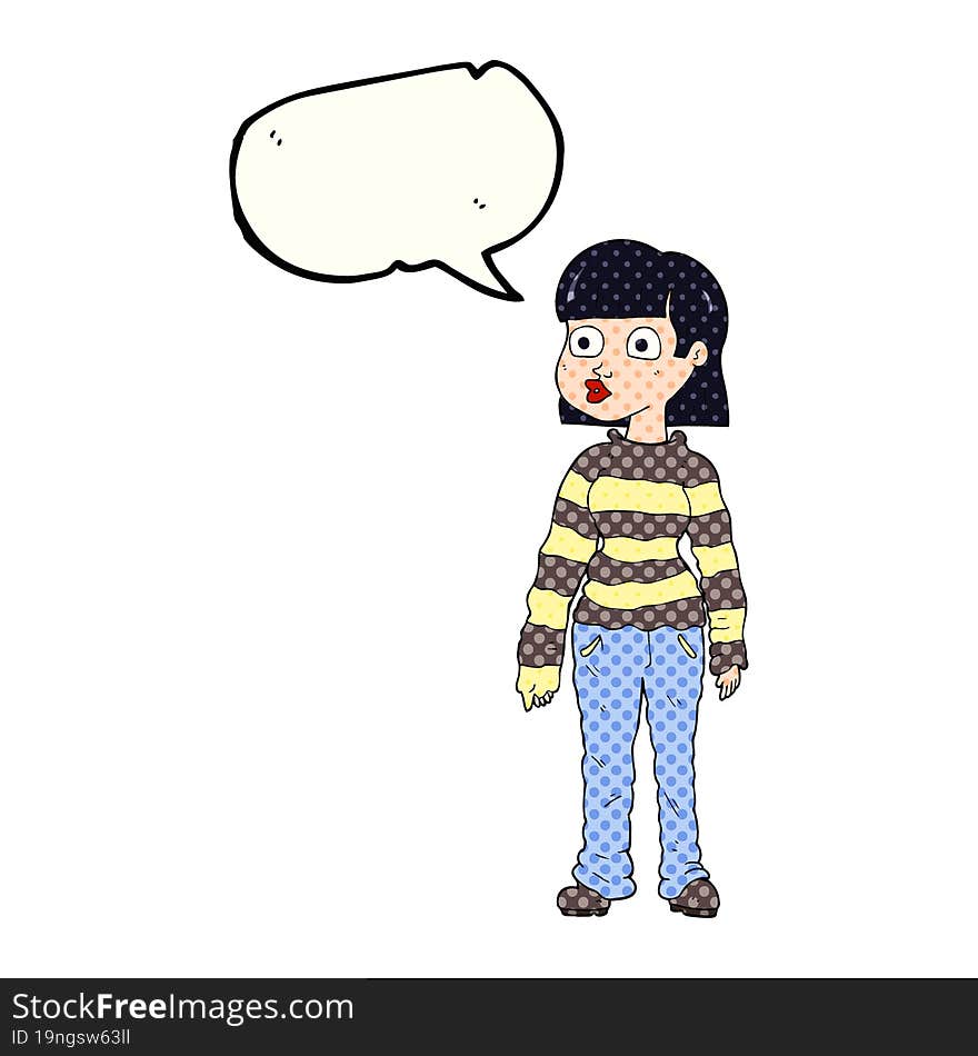 freehand drawn comic book speech bubble cartoon woman in casual clothes