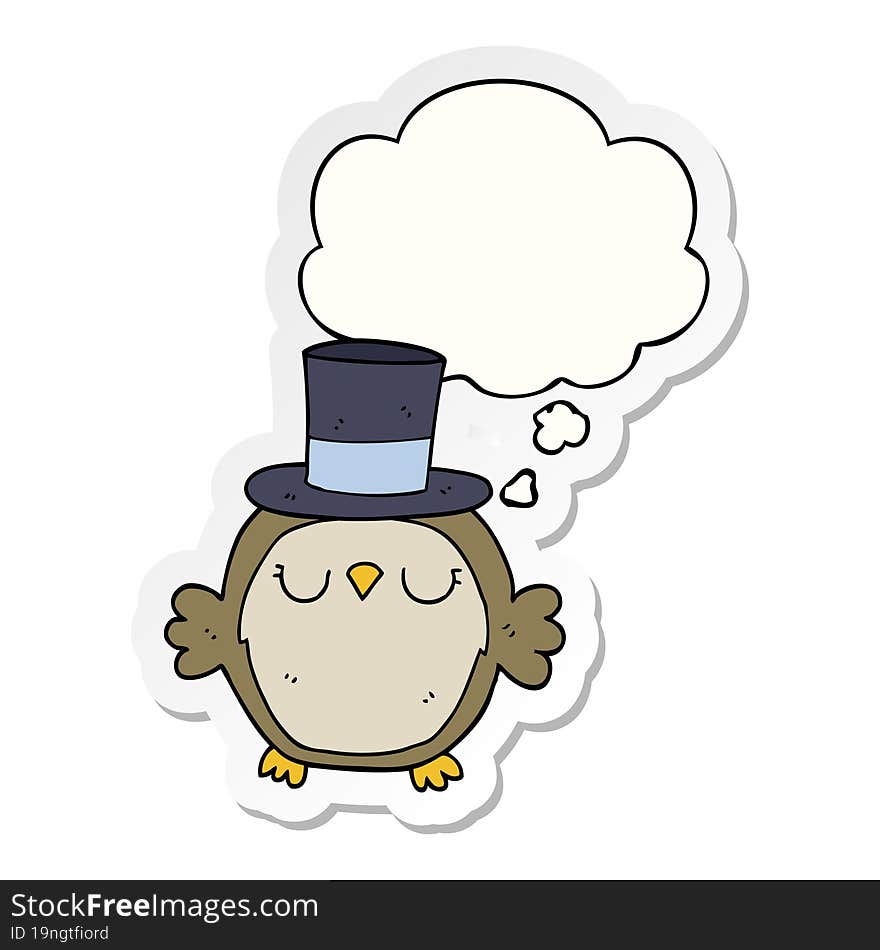 cartoon owl wearing top hat and thought bubble as a printed sticker