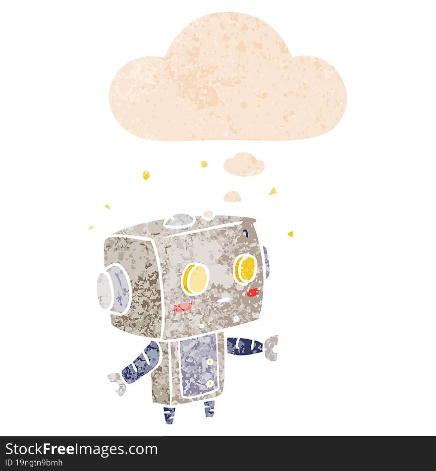 cartoon robot and thought bubble in retro textured style