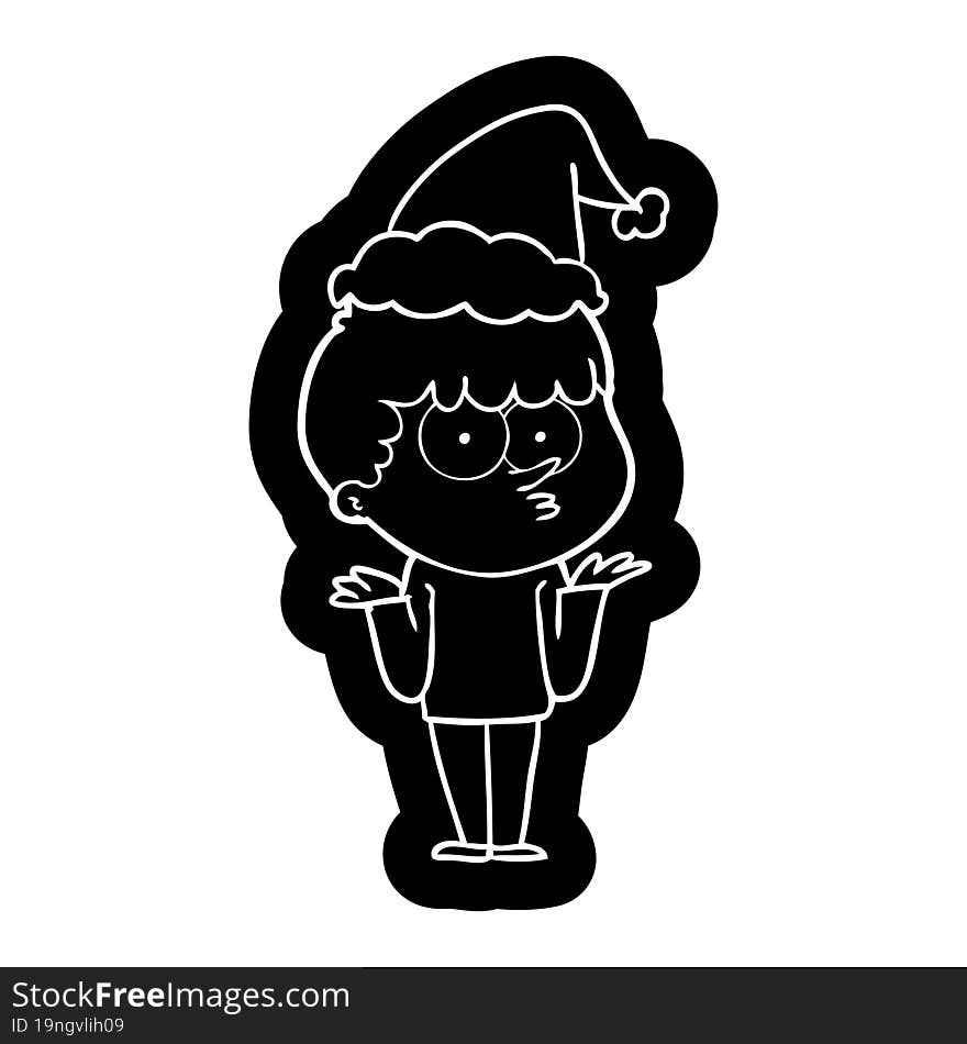 Cartoon Icon Of A Curious Boy Shrugging Shoulders Wearing Santa Hat