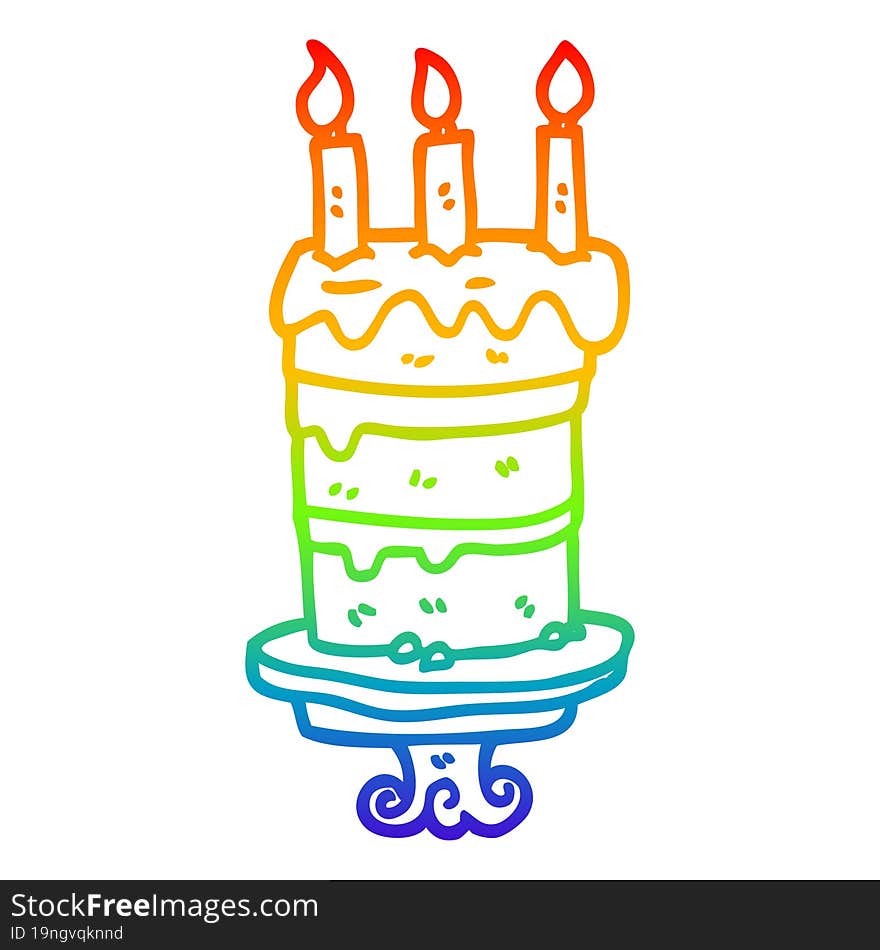 rainbow gradient line drawing of a cartoon birthday cake