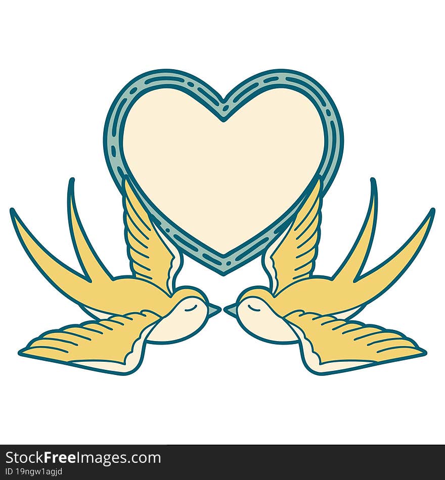 iconic tattoo style image of swallows and a heart. iconic tattoo style image of swallows and a heart