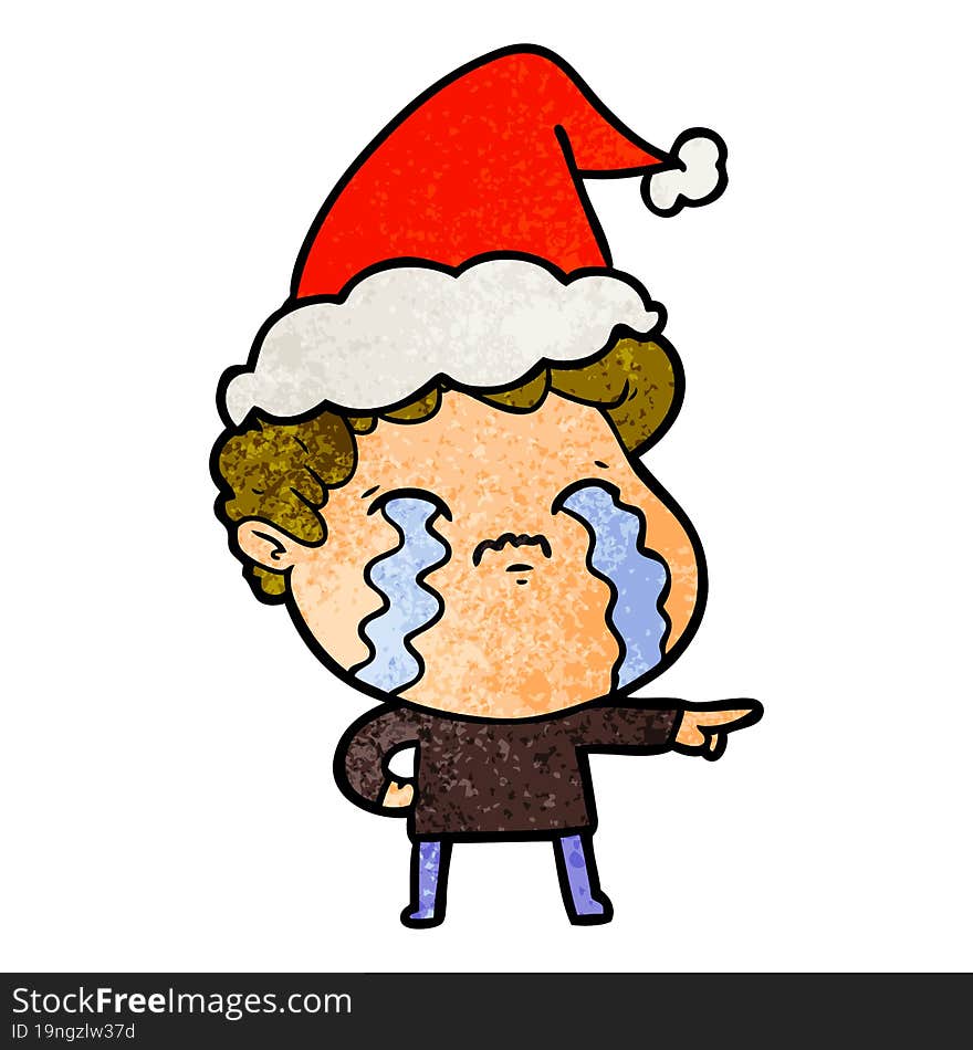 textured cartoon of a man crying wearing santa hat