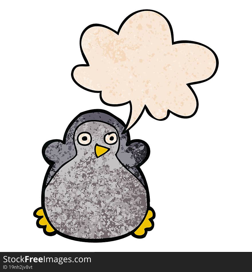 cartoon penguin and speech bubble in retro texture style