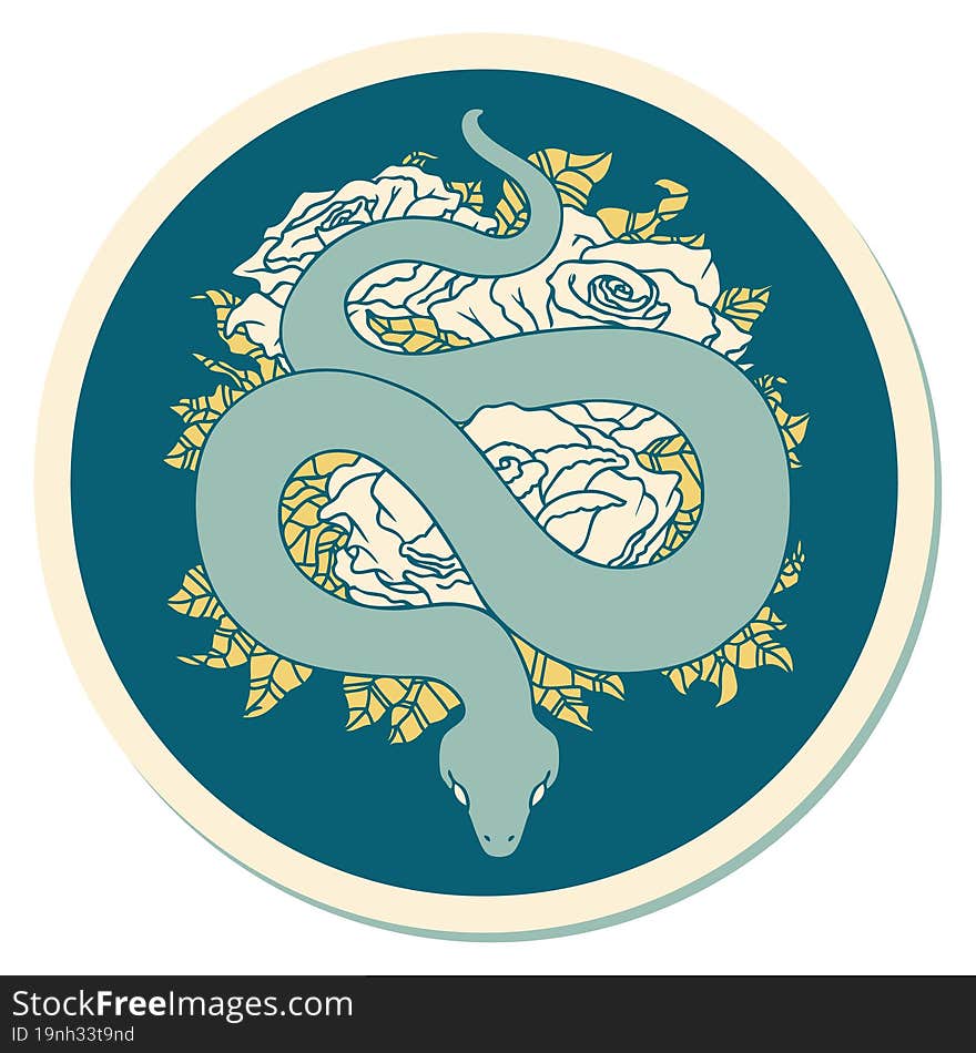 Tattoo Style Sticker Of A Snake And Roses