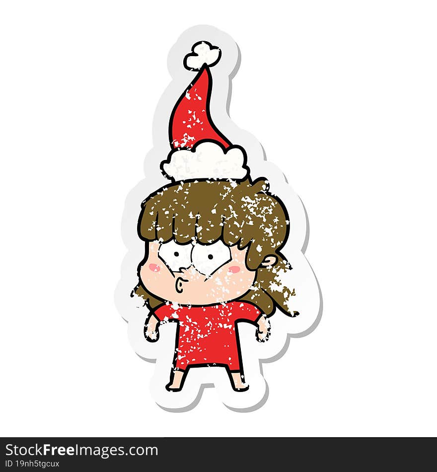 distressed sticker cartoon of a whistling girl wearing santa hat