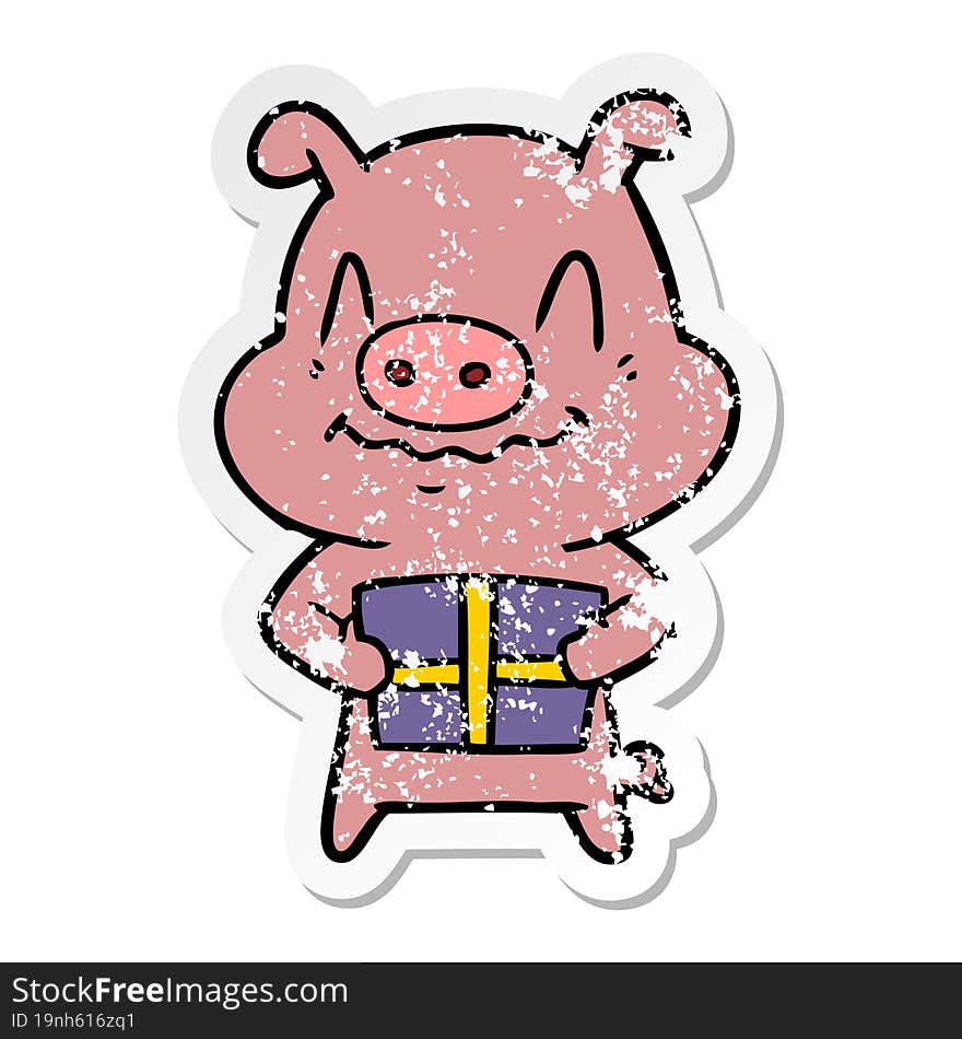 distressed sticker of a nervous cartoon pig with present