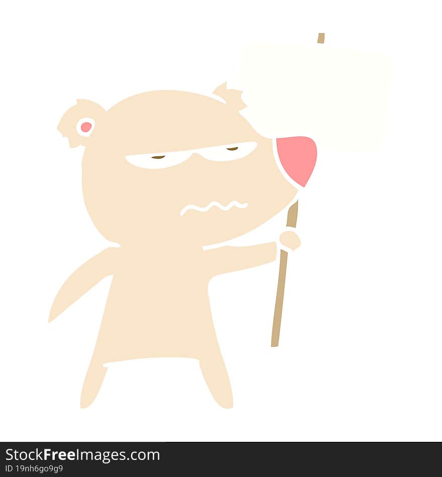 angry bear flat color style cartoon holding placard