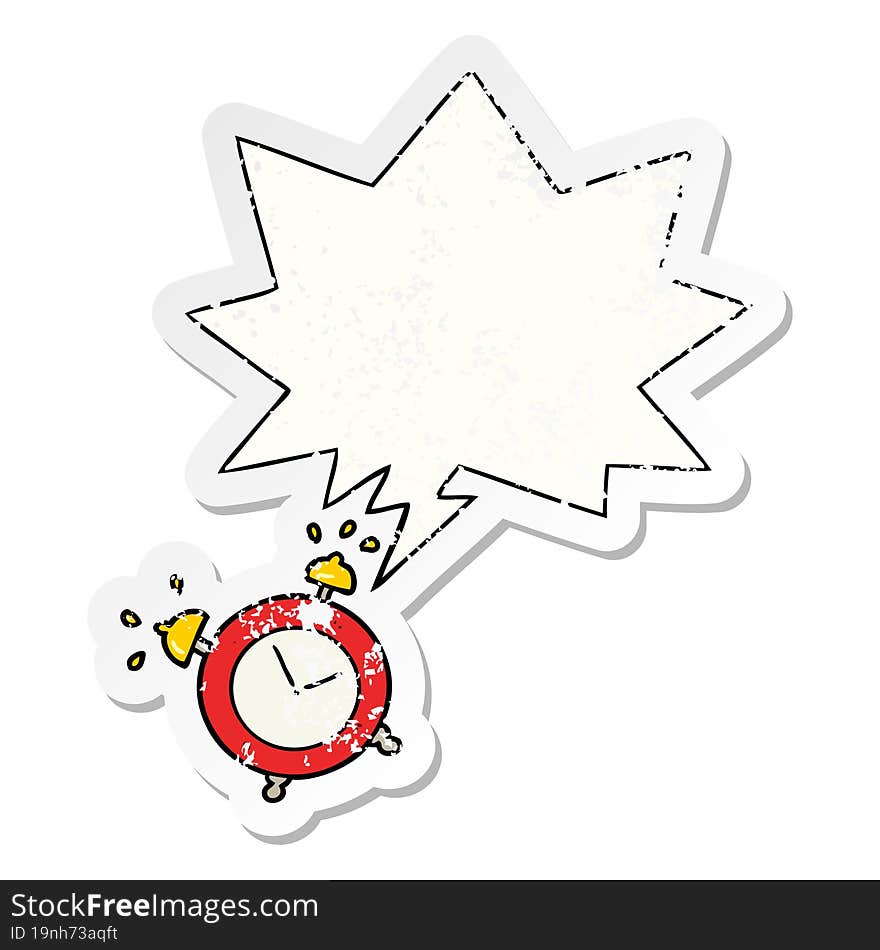 cartoon ringing alarm clock with speech bubble distressed distressed old sticker. cartoon ringing alarm clock with speech bubble distressed distressed old sticker