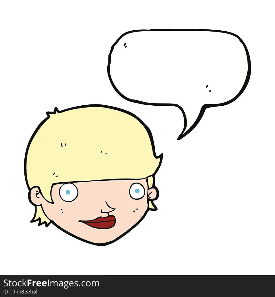 cartoon happy female face with speech bubble