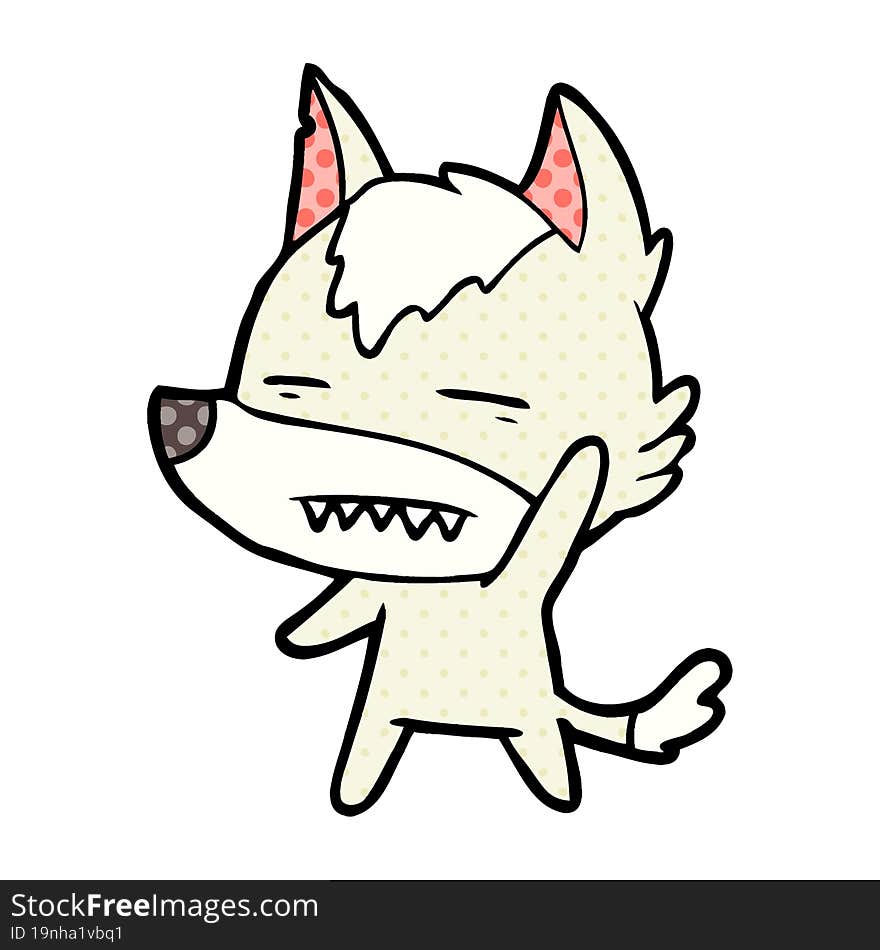 cartoon wolf waving showing teeth. cartoon wolf waving showing teeth