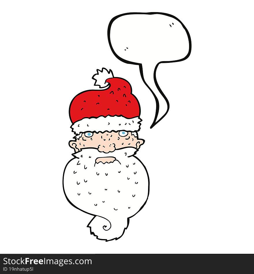 cartoon grim santa face with speech bubble