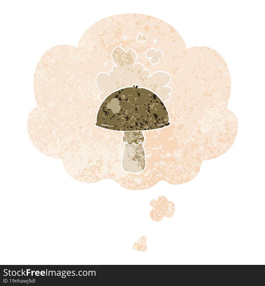 cartoon mushroom with spore cloud with thought bubble in grunge distressed retro textured style. cartoon mushroom with spore cloud with thought bubble in grunge distressed retro textured style