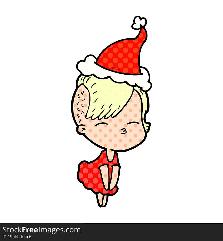 hand drawn comic book style illustration of a squinting girl in dress wearing santa hat