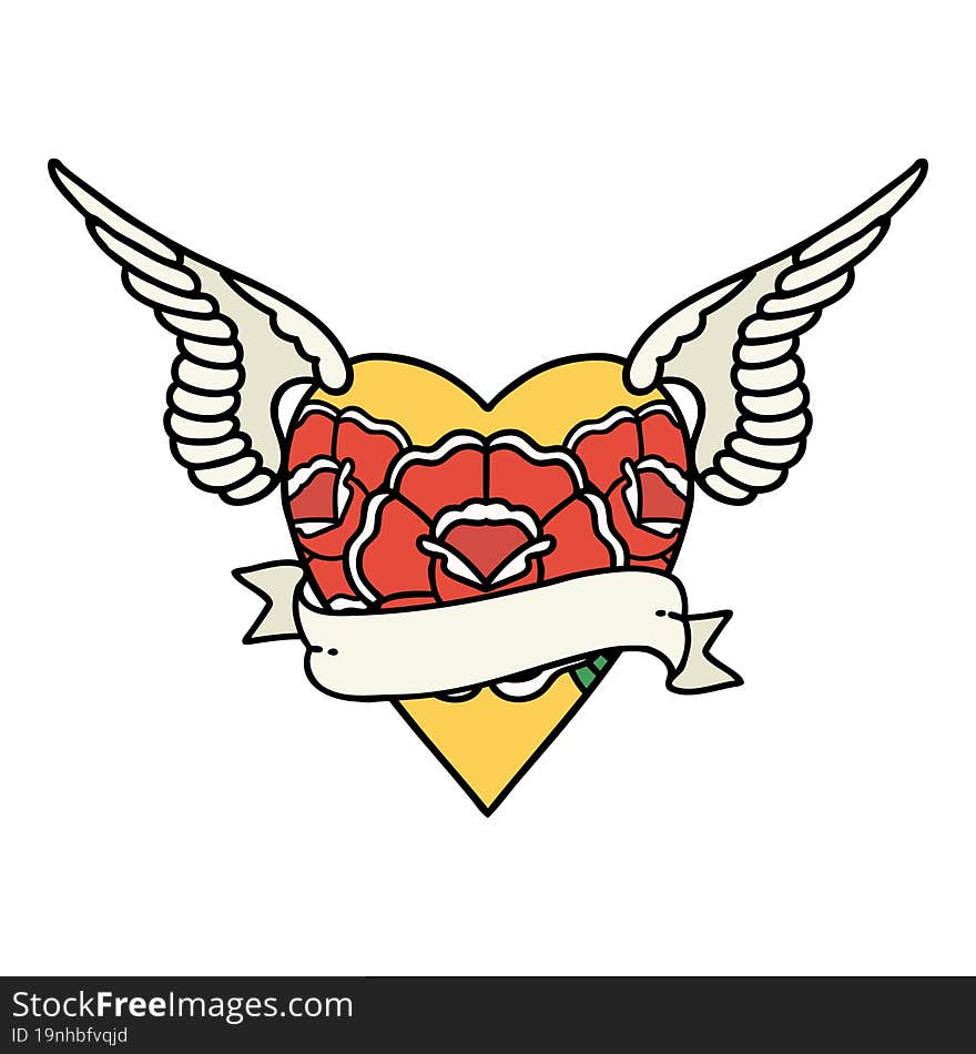 tattoo in traditional style of heart with wings flowers and banner. tattoo in traditional style of heart with wings flowers and banner